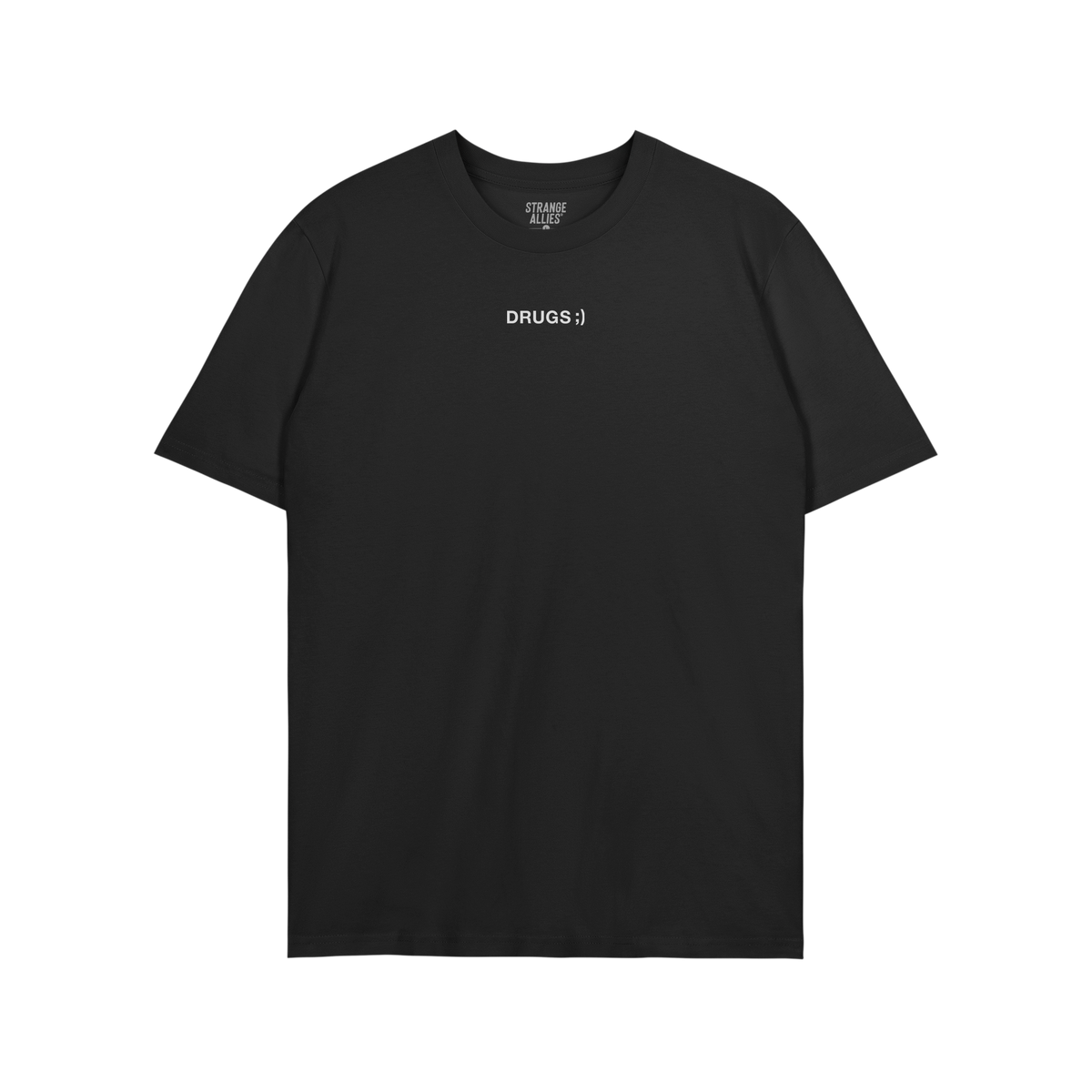 Drugs T-shirt featuring a minimalist design with DRUGS ;) in white on black, embodying an ironic and unapologetic message. Br