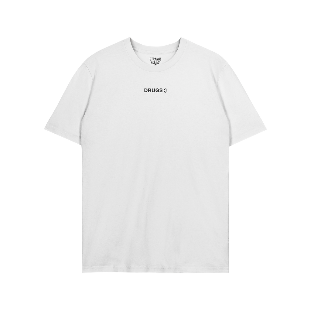 Drugs T-shirt featuring a minimalist design with DRUGS ;) in black on a plain white tee. The collar label reads STRANGE ALLIE