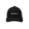 Drugs Hat: A black trucker cap with white mesh back, featuring DRUGS ;) embroidered in white sans-serif font, blending minima