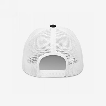 Back view of the Drugs Hat, a white trucker-style cap with mesh panels and a snap-closure strap. Features a minimalist design, embodying bold, ironic statements in versatile, breathable headwear.