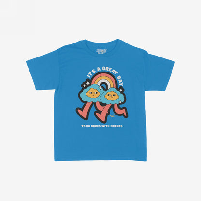 Drugs With Friends Women's Baby Tee featuring playful cartoon clouds under a rainbow, with text IT’S A GREAT DAY and TO DO DRUGS WITH FRIENDS, embodying whimsical, carefree vibes.