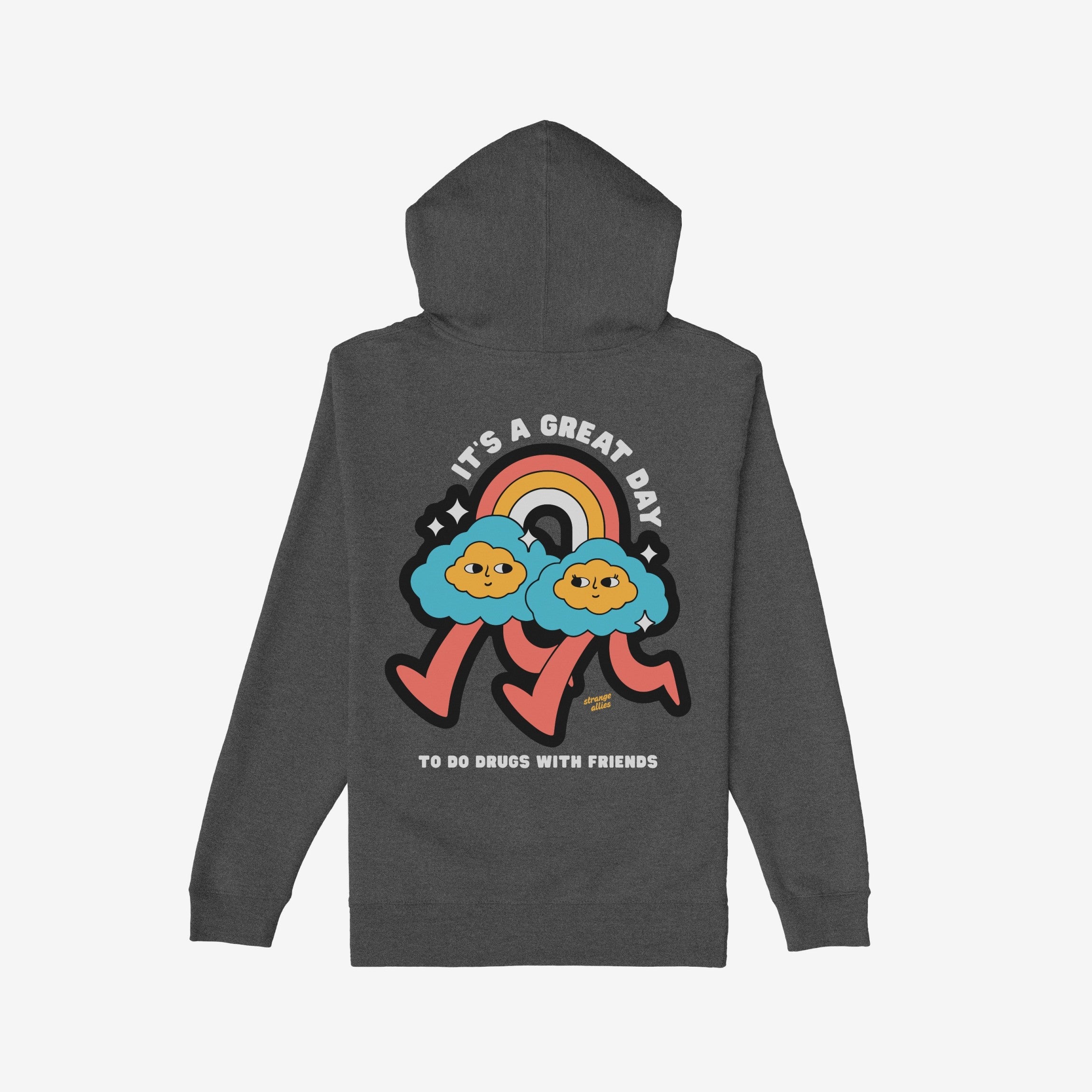 Drugs With Friends Hoodie features two cartoon clouds walking under a rainbow with playful text, embodying a rebellious, psychedelic vibe. Ideal for those embracing unconventional creativity and camaraderie.