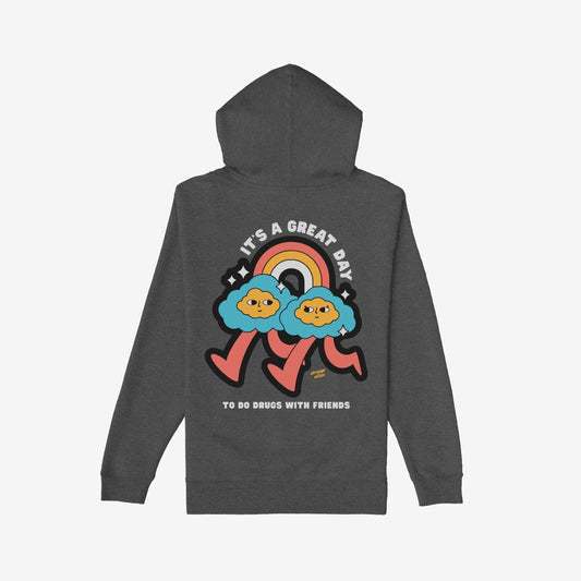 Drugs With Friends Hoodie features two cartoon clouds walking under a rainbow with playful text, embodying a rebellious, psychedelic vibe. Ideal for those embracing unconventional creativity and camaraderie.