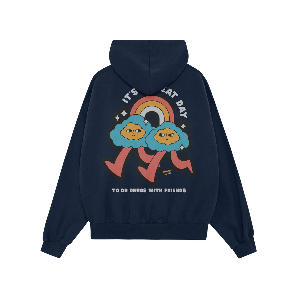 Drugs With Friends Hoodie features two cartoon clouds walking under a rainbow with playful text, embodying a rebellious, psyc