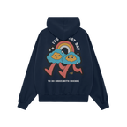 Drugs With Friends Hoodie features two cartoon clouds walking under a rainbow with playful text, embodying a rebellious, psyc