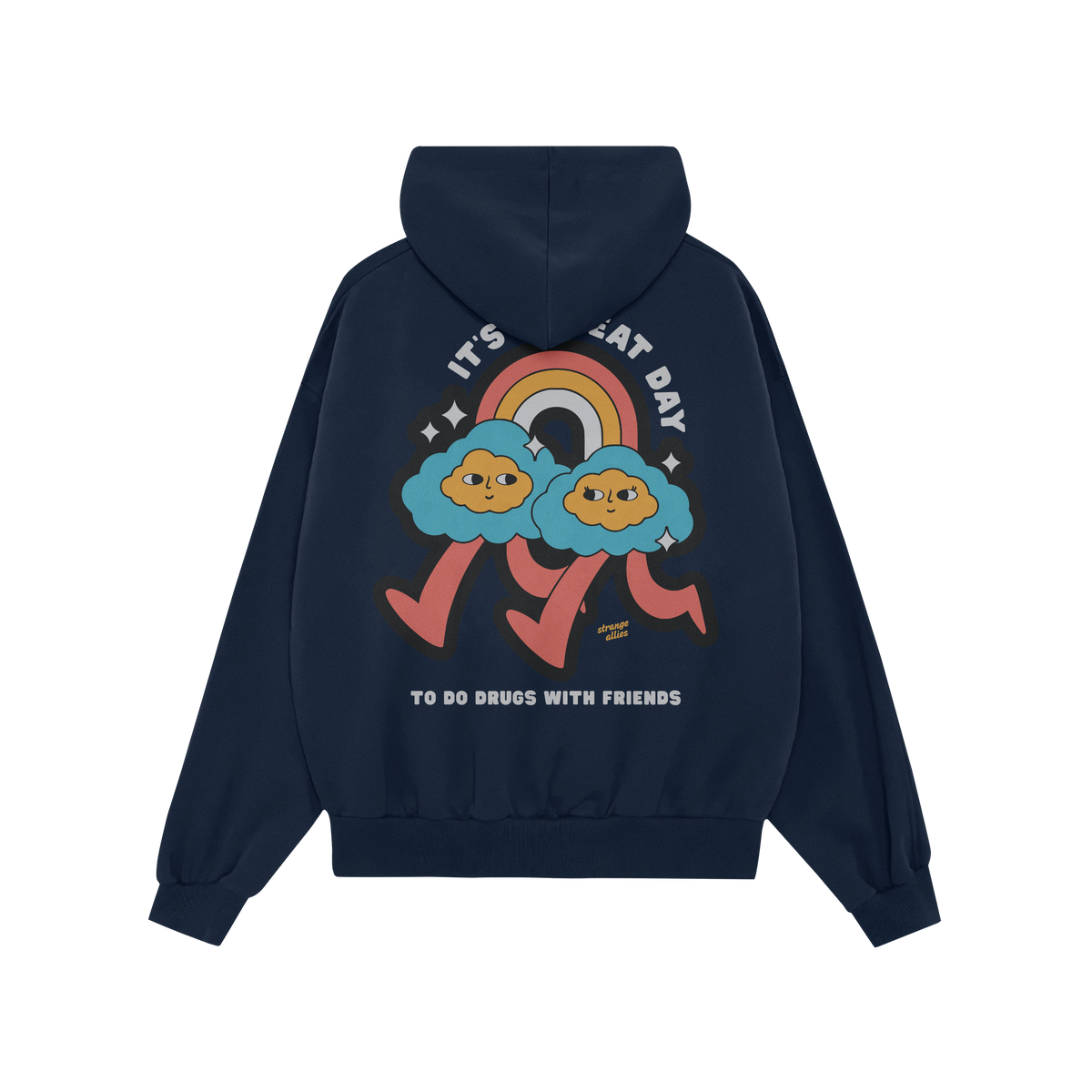 Drugs With Friends Hoodie features two cartoon clouds walking under a rainbow with playful text, embodying a rebellious, psyc