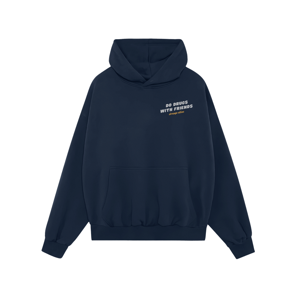 Drugs With Friends Hoodie features a dark gray pullover with kangaroo pocket, hood, and “DO DRUGS WITH FRIENDS” slogan, e