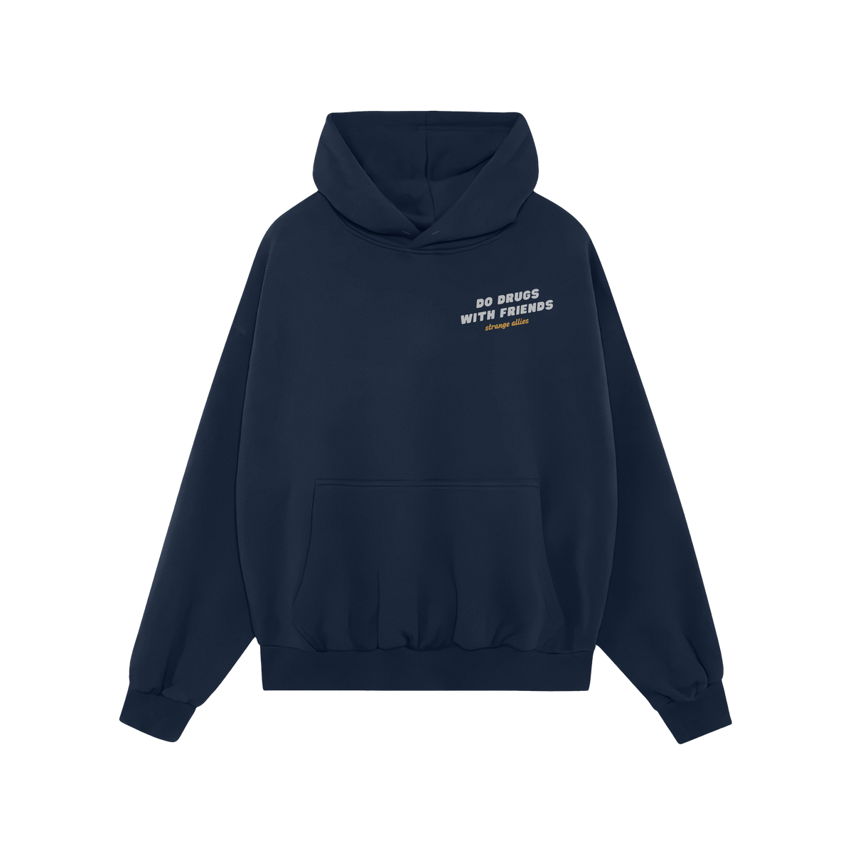 Drugs With Friends Hoodie features a dark gray pullover with kangaroo pocket, hood, and “DO DRUGS WITH FRIENDS” slogan, e