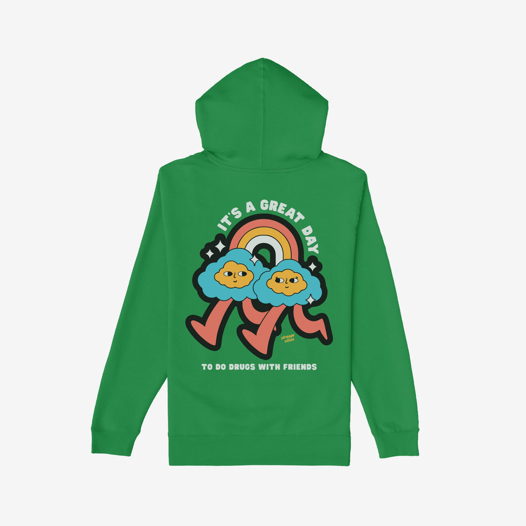 Drugs With Friends Hoodie features playful cartoon clouds beneath a rainbow with IT’S A GREAT DAY TO DO DRUGS WITH FRIENDS, reflecting a bold, rebellious spirit.