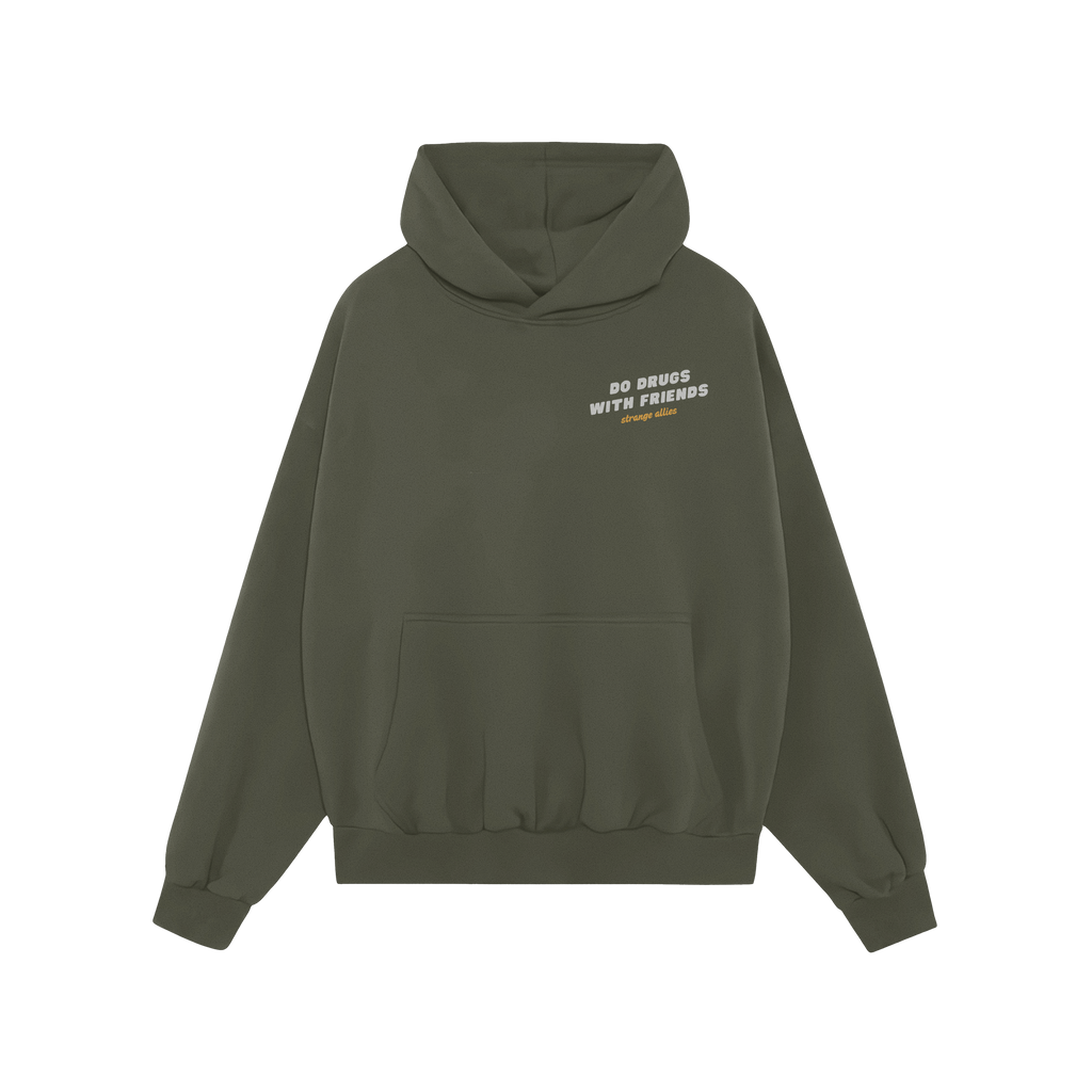 Drugs With Friends Hoodie features playful cartoon clouds beneath a rainbow with IT’S A GREAT DAY TO DO DRUGS WITH FRIENDS,