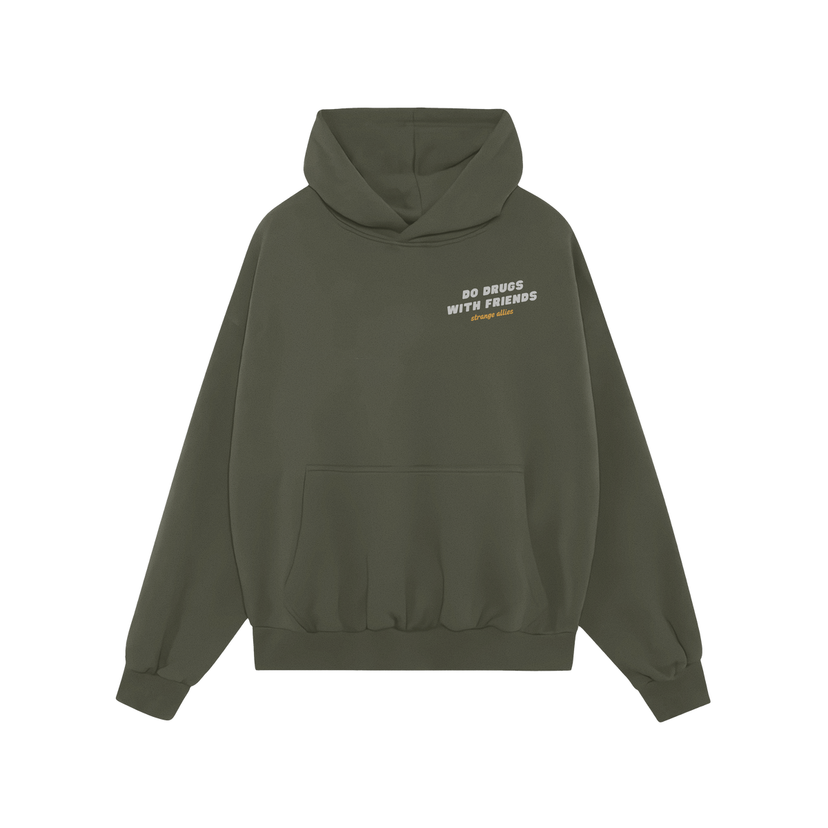 Drugs With Friends Hoodie features playful cartoon clouds beneath a rainbow with IT’S A GREAT DAY TO DO DRUGS WITH FRIENDS,