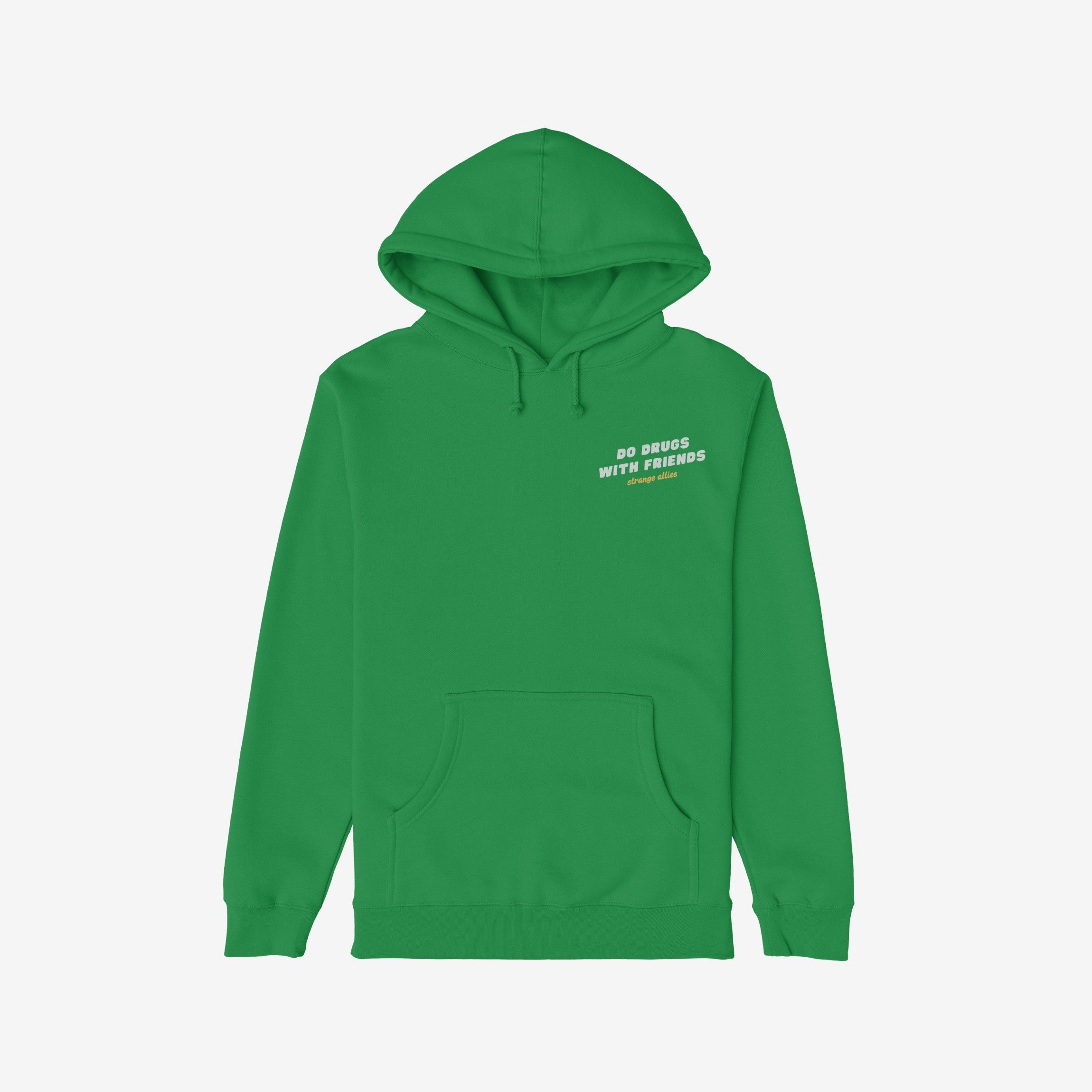 Green pullover “Drugs With Friends” hoodie features a white slogan on the chest. It has a kangaroo pocket and embodies rebellious spirit for those embracing creativity and unconventional lifestyles.