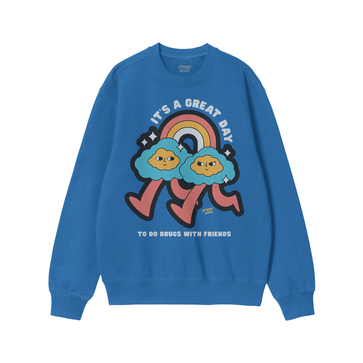 Drugs With Friends Hoodie & Sweatshirt features playful cartoon clouds under a rainbow, exuding whimsical rebellion with the 