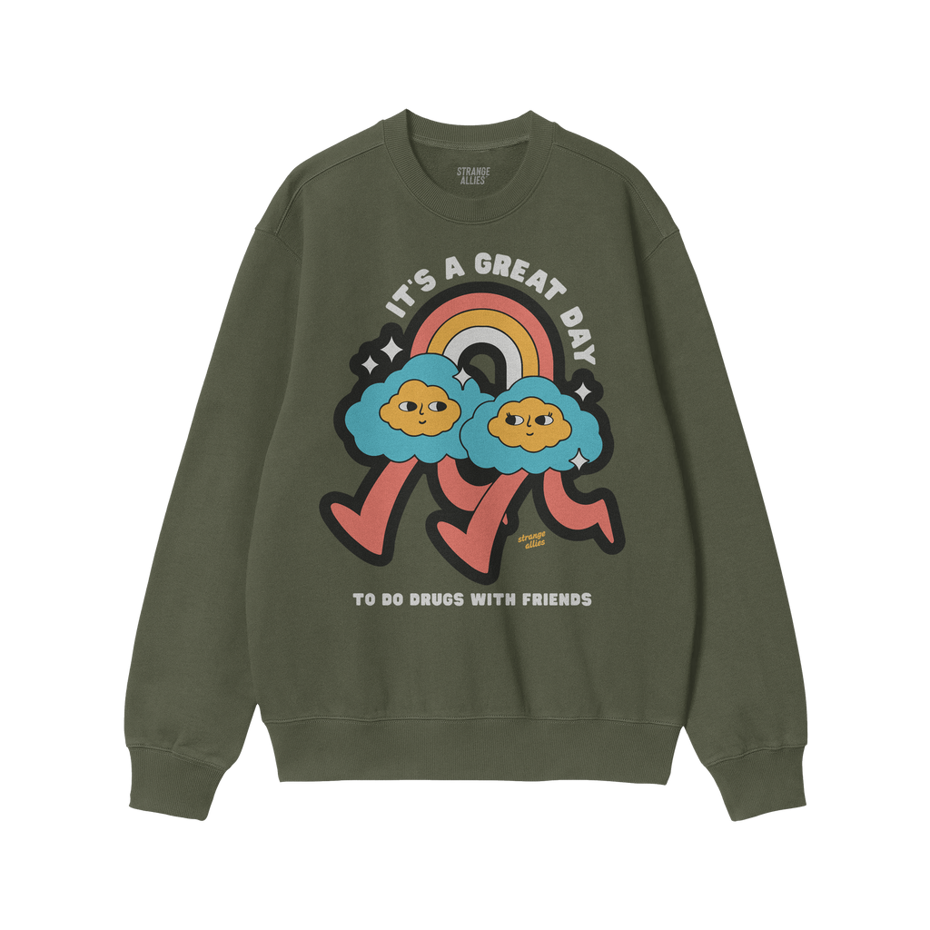 Green Drugs With Friends crewneck sweatshirt featuring retro-style graphic of two smiling cloud characters under a rainbow, w