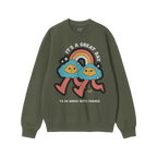 Green Drugs With Friends crewneck sweatshirt featuring retro-style graphic of two smiling cloud characters under a rainbow, w