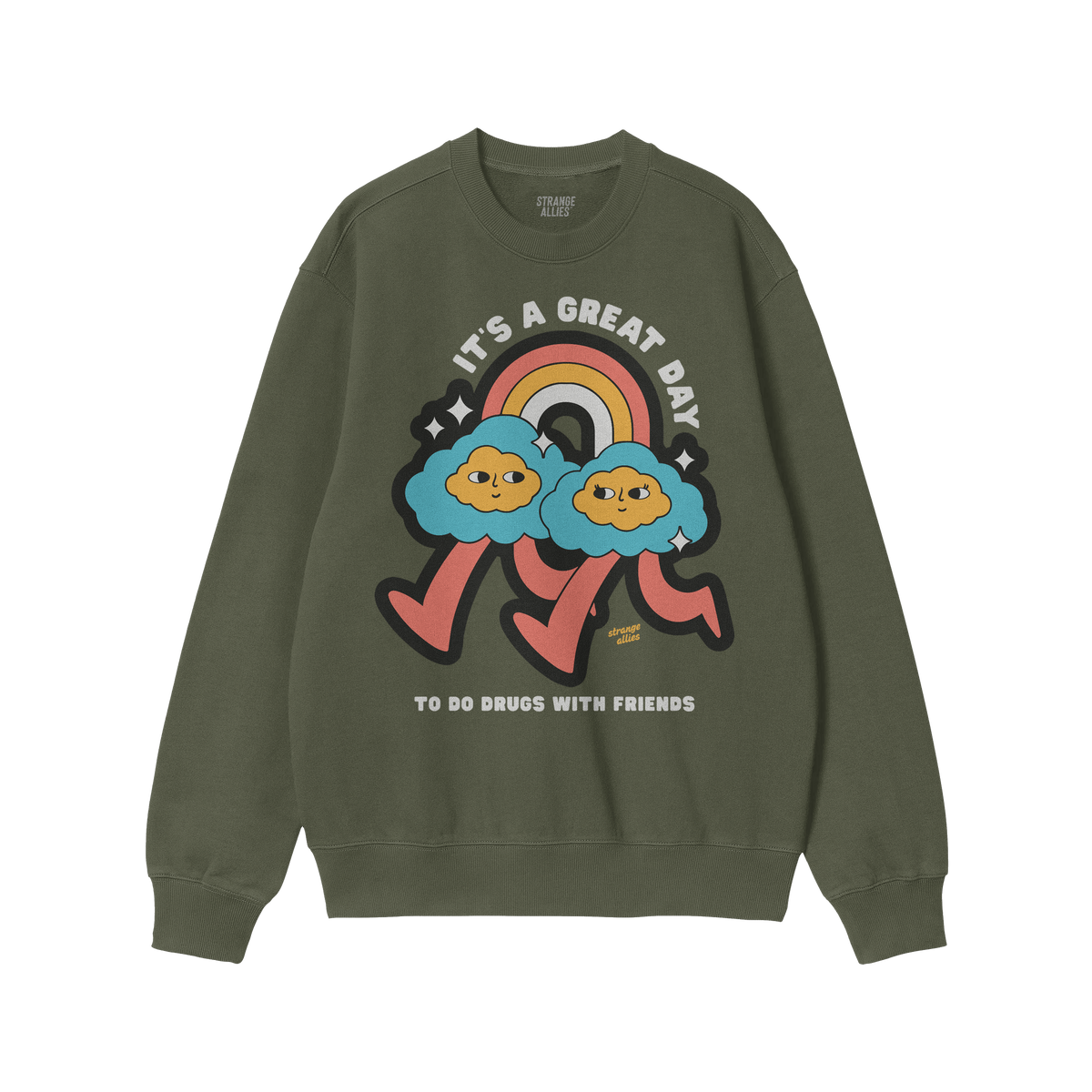 Green Drugs With Friends crewneck sweatshirt featuring retro-style graphic of two smiling cloud characters under a rainbow, w