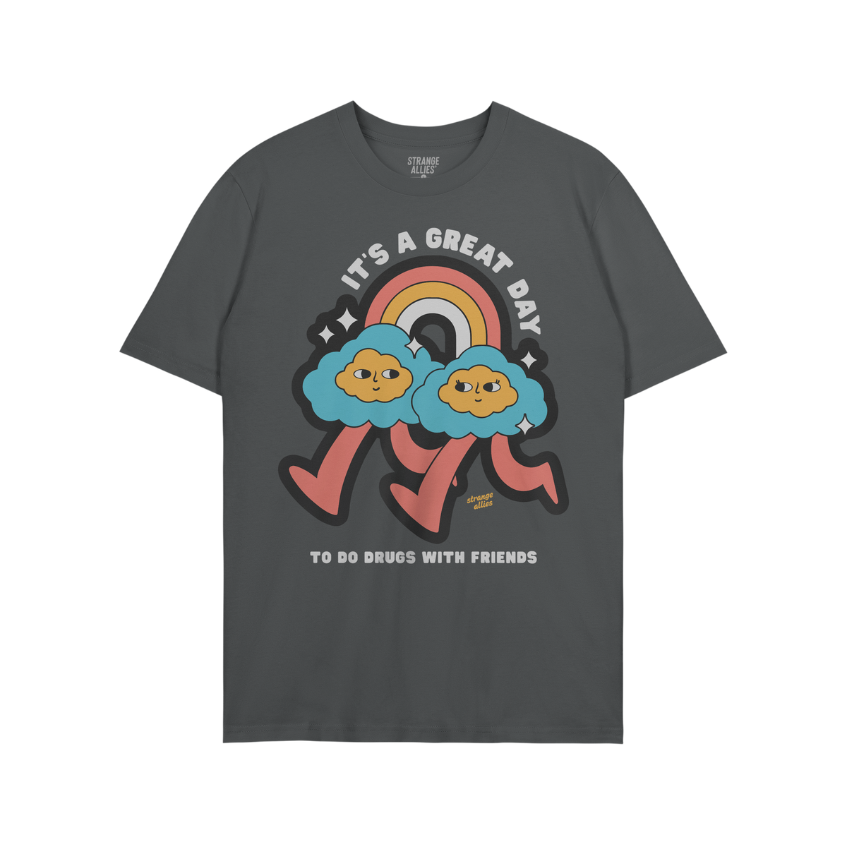 Drugs With Friends T-shirt features playful clouds under a rainbow with bold text, celebrating nonconformity and connection. 