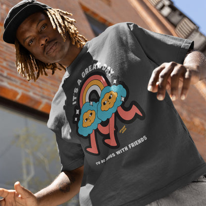 Young person wearing Drugs With Friends T-shirt, featuring cartoon-style design with playful text promoting connection and community. A reflection of individuality and nonconformity from a socially conscious store.