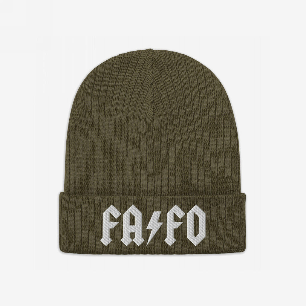 Olive-green FAFO Hat with rib-knit texture features bold, white embroidery FA ⚡ FO on its cuff, embodying a hard rock-inspired style ideal for expressing resistance against extremism.