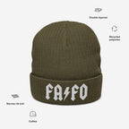 FAFO Hat: Olive-green knit beanie with narrow rib texture, cuffed brim, and bold FA/FO lightning bolt embroidery. Made from recycled polyester, it symbolizes resistance and anti-fascism in style.