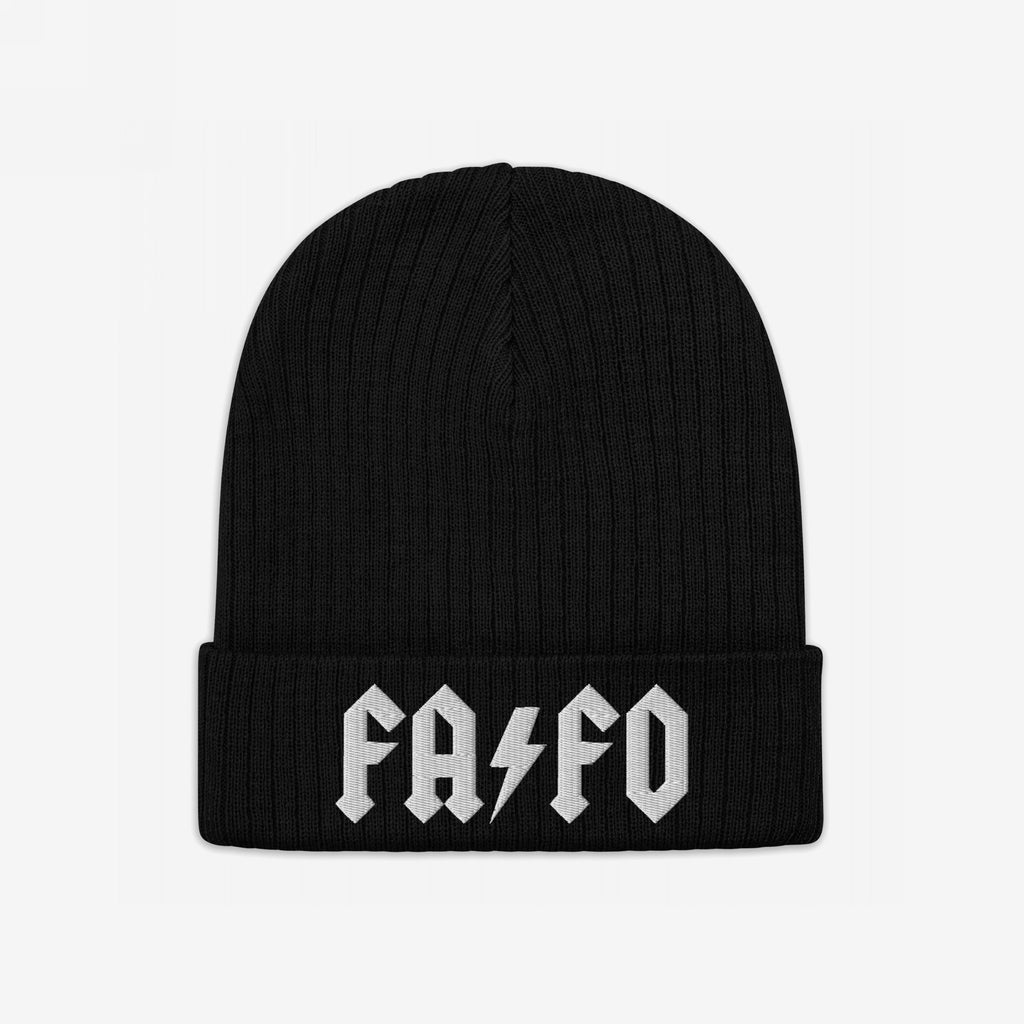 FAFO Hat: Black rib-knit beanie with FAFO in white block letters and a lightning-bolt graphic. A bold, hard rock-inspired accessory advocating resistance against fascism and extremism.