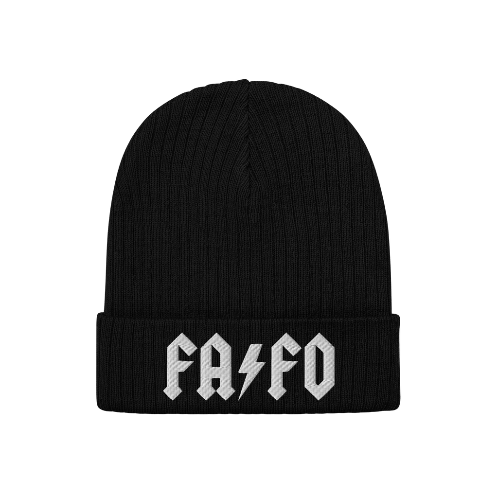FAFO Hat: Black rib-knit beanie with FAFO in white block letters and a lightning-bolt graphic. A bold, hard rock-inspired acc