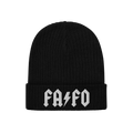 FAFO Hat: Black rib-knit beanie with FAFO in white block letters and a lightning-bolt graphic. A bold, hard rock-inspired acc