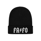FAFO Hat: Black rib-knit beanie with FAFO in white block letters and a lightning-bolt graphic. A bold, hard rock-inspired acc