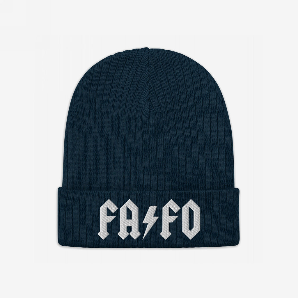 Dark-blue FAFO Hat featuring a rib-knit fold-over style with white Gothic embroidery, including a lightning bolt, symbolizing resistance. Ideal for expressing anti-fascist and anti-extremist sentiments.