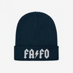 Dark-blue FAFO Hat featuring a rib-knit fold-over style with white Gothic embroidery, including a lightning bolt, symbolizing resistance. Ideal for expressing anti-fascist and anti-extremist sentiments.