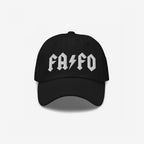 Black FAFO Hat featuring bold, angular FA ⚡ FO embroidery, embodying resistance with a minimalist, hard rock-inspired message against extremism and fascism. Ideal for rallies and making a stance.