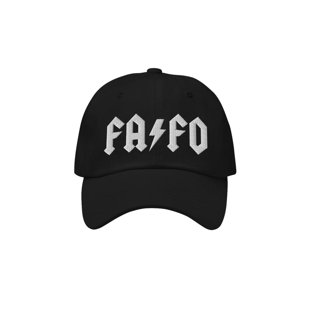 Black FAFO Hat featuring bold, angular FA ⚡ FO embroidery, embodying resistance with a minimalist, hard rock-inspired messa