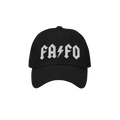 Black FAFO Hat featuring bold, angular FA ⚡ FO embroidery, embodying resistance with a minimalist, hard rock-inspired messa