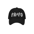 Black FAFO Hat featuring bold, angular FA ⚡ FO embroidery, embodying resistance with a minimalist, hard rock-inspired messa
