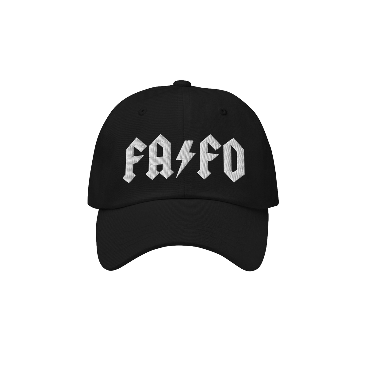 Black FAFO Hat featuring bold, angular FA ⚡ FO embroidery, embodying resistance with a minimalist, hard rock-inspired messa