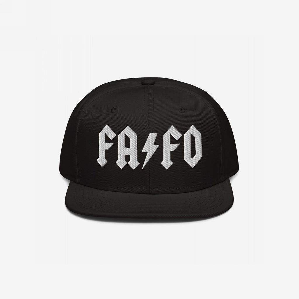 Black FAFO Hat, featuring white gothic-style embroidery with FA ⚡ FO across the front, embodying a bold, hard rock-inspired style for those standing against fascism and extremism.