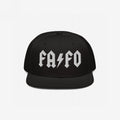 Black FAFO Hat, featuring white gothic-style embroidery with FA ⚡ FO across the front, embodying a bold, hard rock-inspired style for those standing against fascism and extremism.