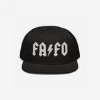Black FAFO Hat, featuring white gothic-style embroidery with FA ⚡ FO across the front, embodying a bold, hard rock-inspired style for those standing against fascism and extremism.