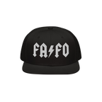 Black FAFO Hat, featuring white gothic-style embroidery with FA ⚡ FO across the front, embodying a bold, hard rock-inspired