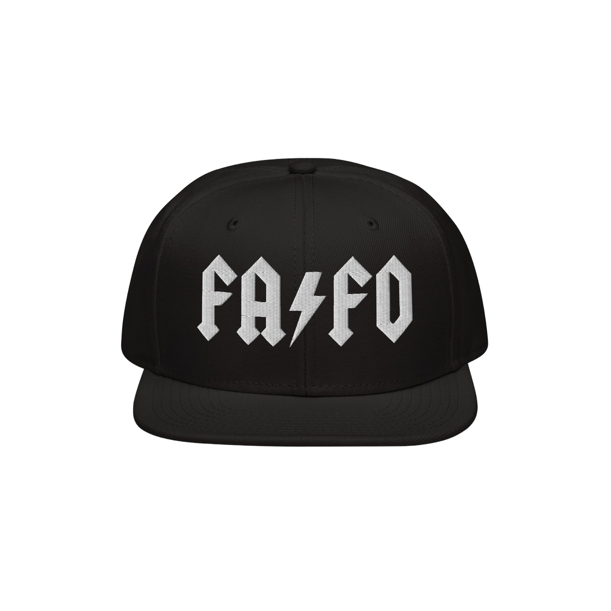 Black FAFO Hat, featuring white gothic-style embroidery with FA ⚡ FO across the front, embodying a bold, hard rock-inspired