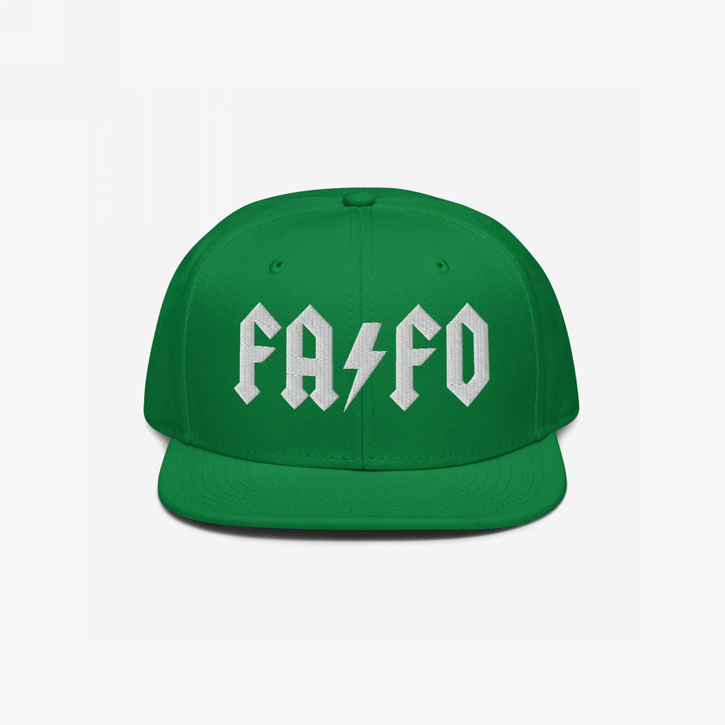 FAFO Hat featuring a white, AC/DC-style FA and FO logo with a lightning bolt on a green snapback, symbolizing resistance against extremism and promoting equality.
