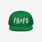FAFO Hat featuring a white, AC/DC-style FA and FO logo with a lightning bolt on a green snapback, symbolizing resistance against extremism and promoting equality.