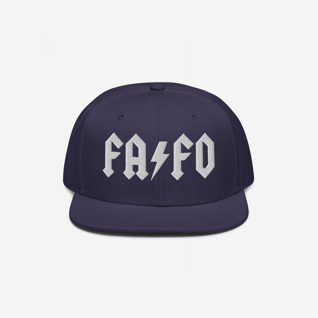 FAFO Hat featuring a dark navy snapback design with FA ⚡ FO in bold white gothic letters, embodying a hard rock-inspired style that signals resistance and defiance against fascism.