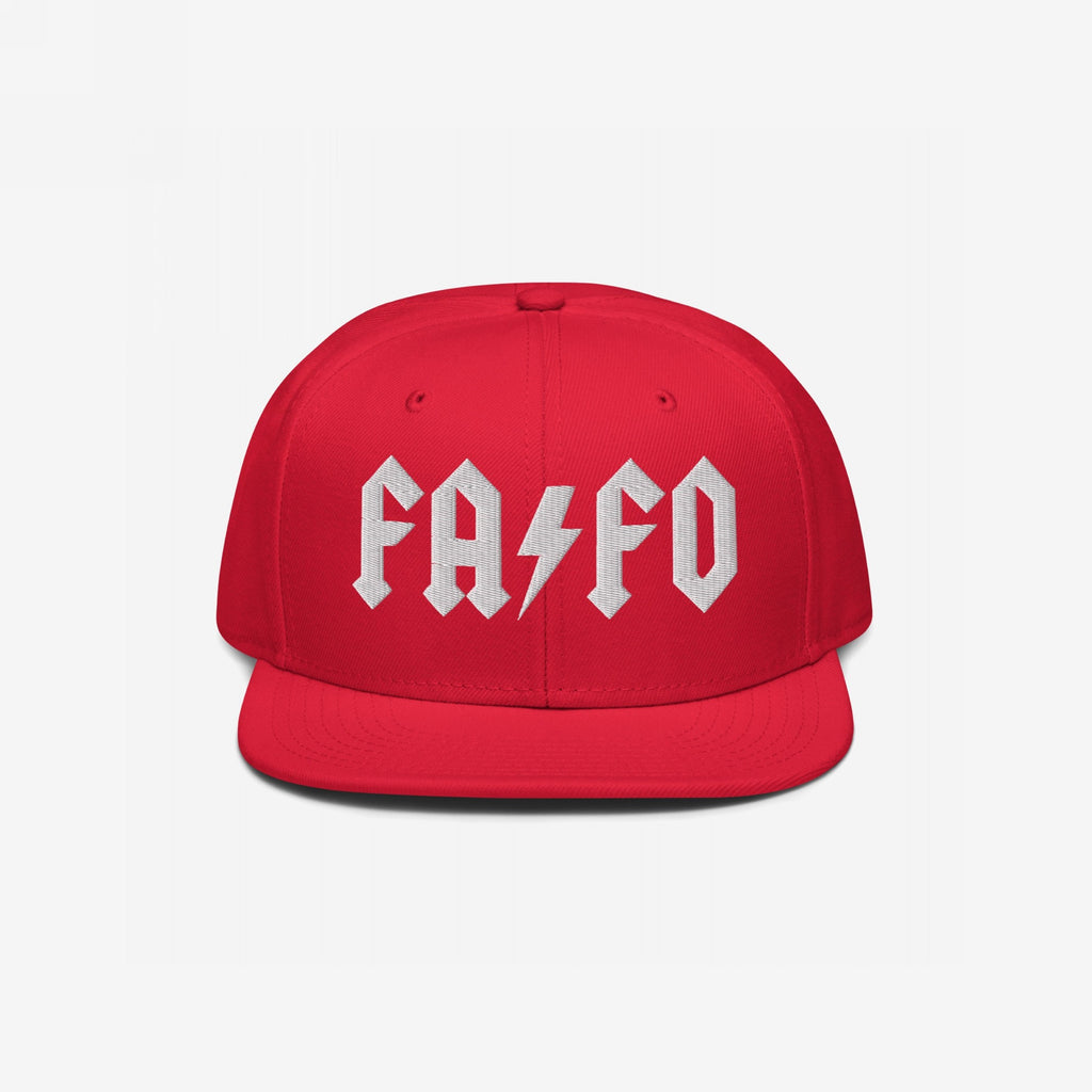 The FAFO Hat features a bold rock-inspired design with FA FO in white Gothic typeface, including a lightning-bolt A, symbolizing defiance against extremism. Ideal for making a strong statement.