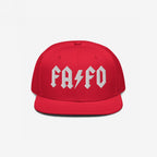 The FAFO Hat features a bold rock-inspired design with FA FO in white Gothic typeface, including a lightning-bolt A, symbolizing defiance against extremism. Ideal for making a strong statement.