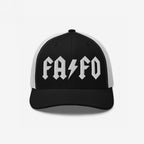 FAFO Hat features a black front with bold white FA ⚡ FO embroidery, complemented by a white mesh back, embodying a hard rock-inspired design that signals resistance and defiance.