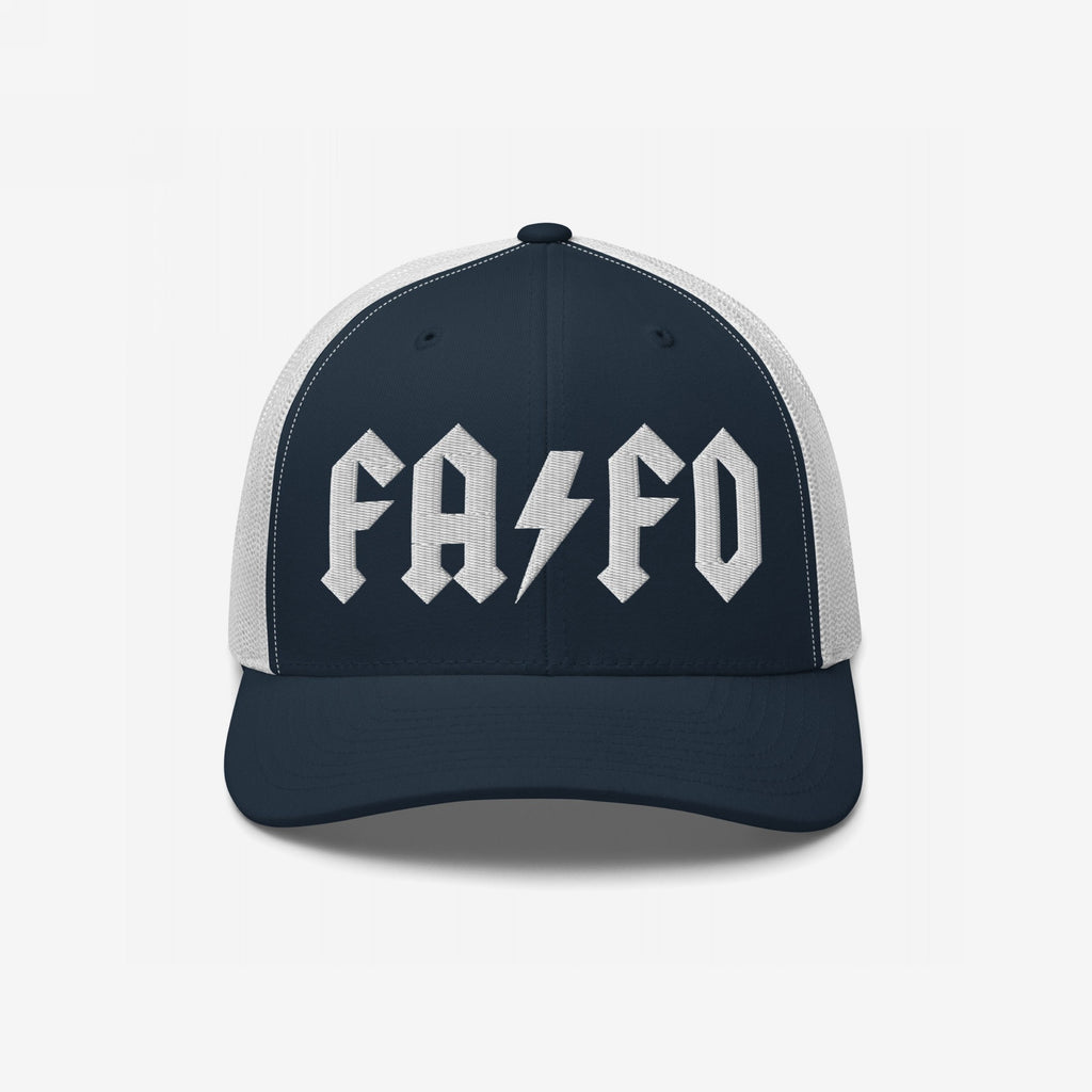 FAFO Hat with gothic-style lettering and lightning bolt, embodying defiance against extremism. Perfect for rallies or everyday wear, showcasing bold resistance in a trucker-style design.