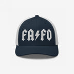 FAFO Hat with gothic-style lettering and lightning bolt, embodying defiance against extremism. Perfect for rallies or everyday wear, showcasing bold resistance in a trucker-style design.