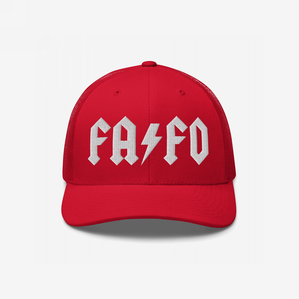Red trucker-style FAFO Hat with bold, white FA ⚡ FO embroidery, embodies a hard rock-inspired resistance against fascism and extremism, perfect for those making a statement in challenging climates.