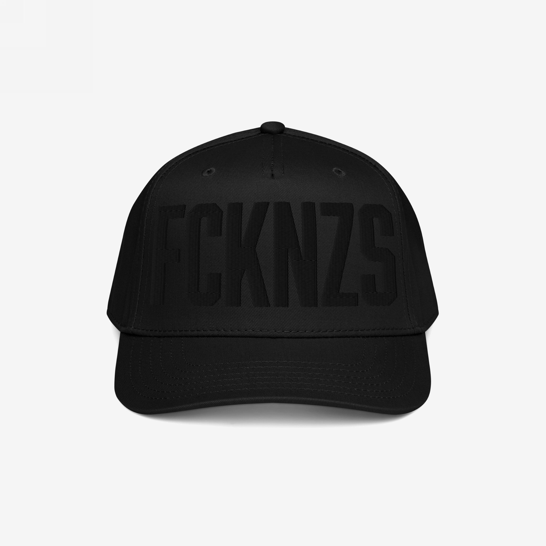 Black FCKNZS Hat with bold embroidered letters, expressing an anti-fascist message. Ideal for those who value visible protest and boundary setting in everyday and activist settings.